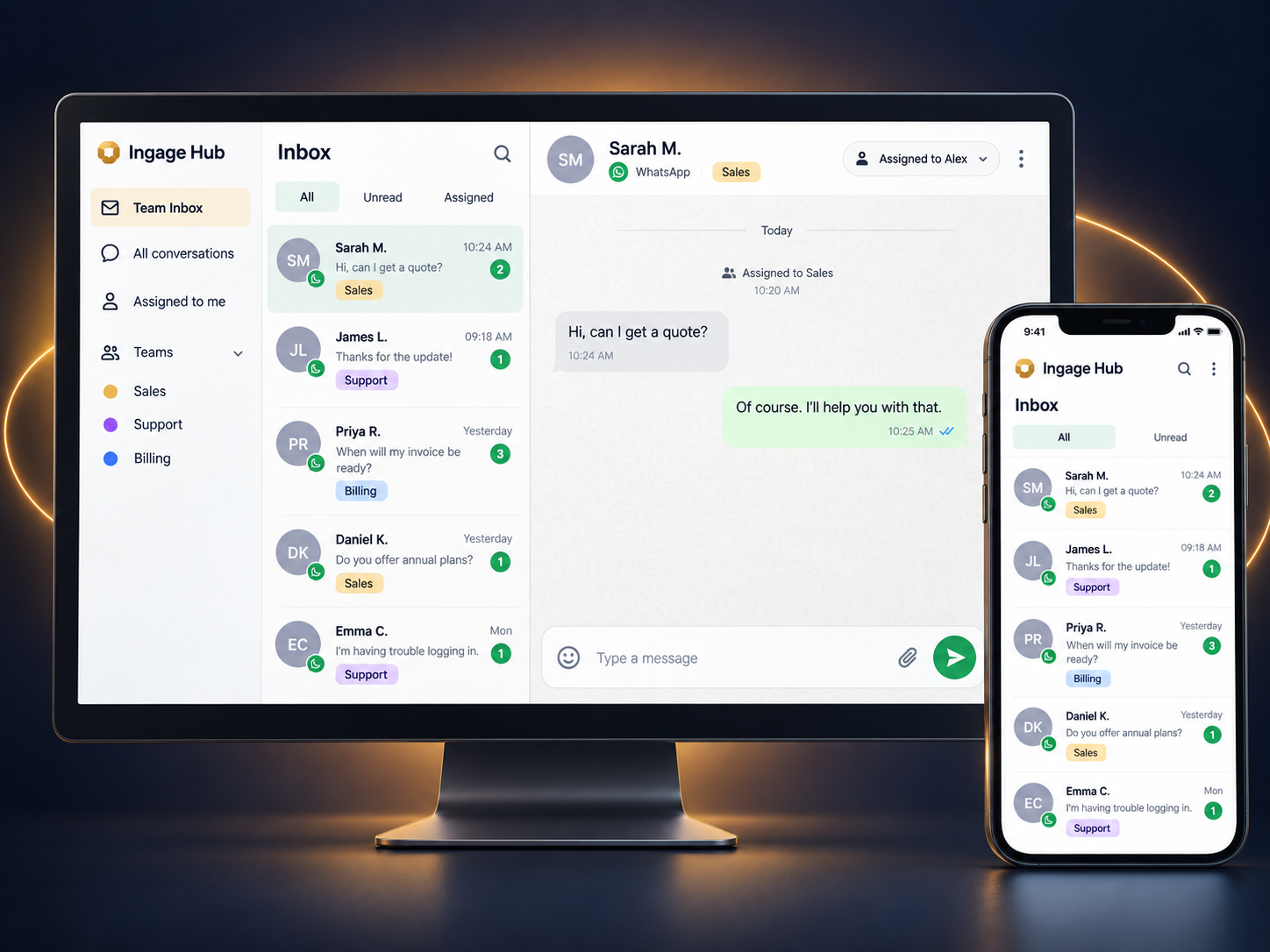 Ingage Hub shared WhatsApp inbox on desktop and mobile