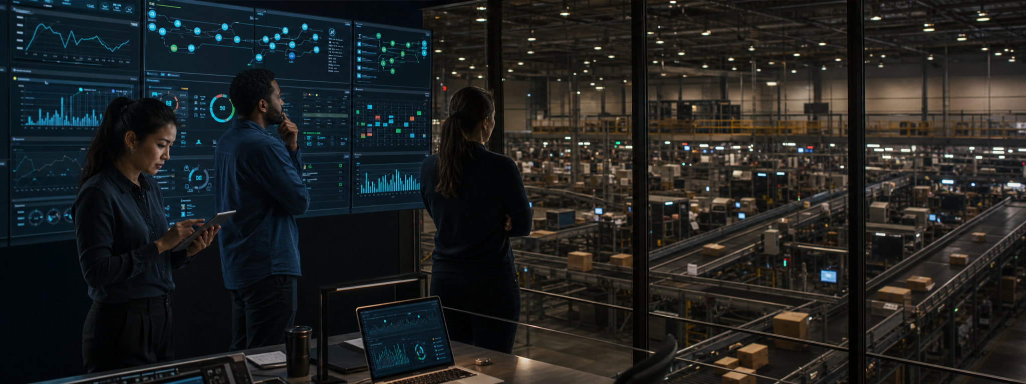 Engineering team reviewing system architecture on screen